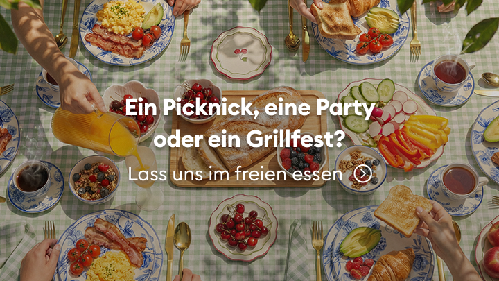 Einladung zu einer gemeinsamen Mahlzeit im Freien für Picknick, Party oder Grillfest, die Geselligkeit, Teilen von Speisen und eine entspannte, gemeinschaftliche Atmosphäre vermittelt.