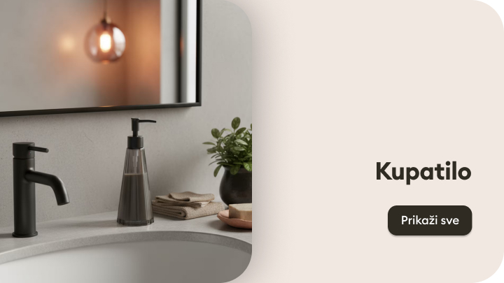 Elegantno uređeno kupatilo sa detaljima poput slavine, dozatora za sapun i biljke na pultu pored lavaboa. Na desnoj strani slika se nalazi tekst "Kupatilo" i dugme sa natpisom "Prikaži sve".