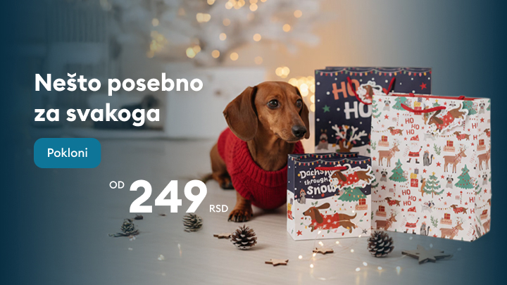 Pokloni za praznike prikazani na slici, dostupni po ceni od 249 RSD. Tekst na pakovanju uključuje praznične motive kao što su jelke i poruke poput 