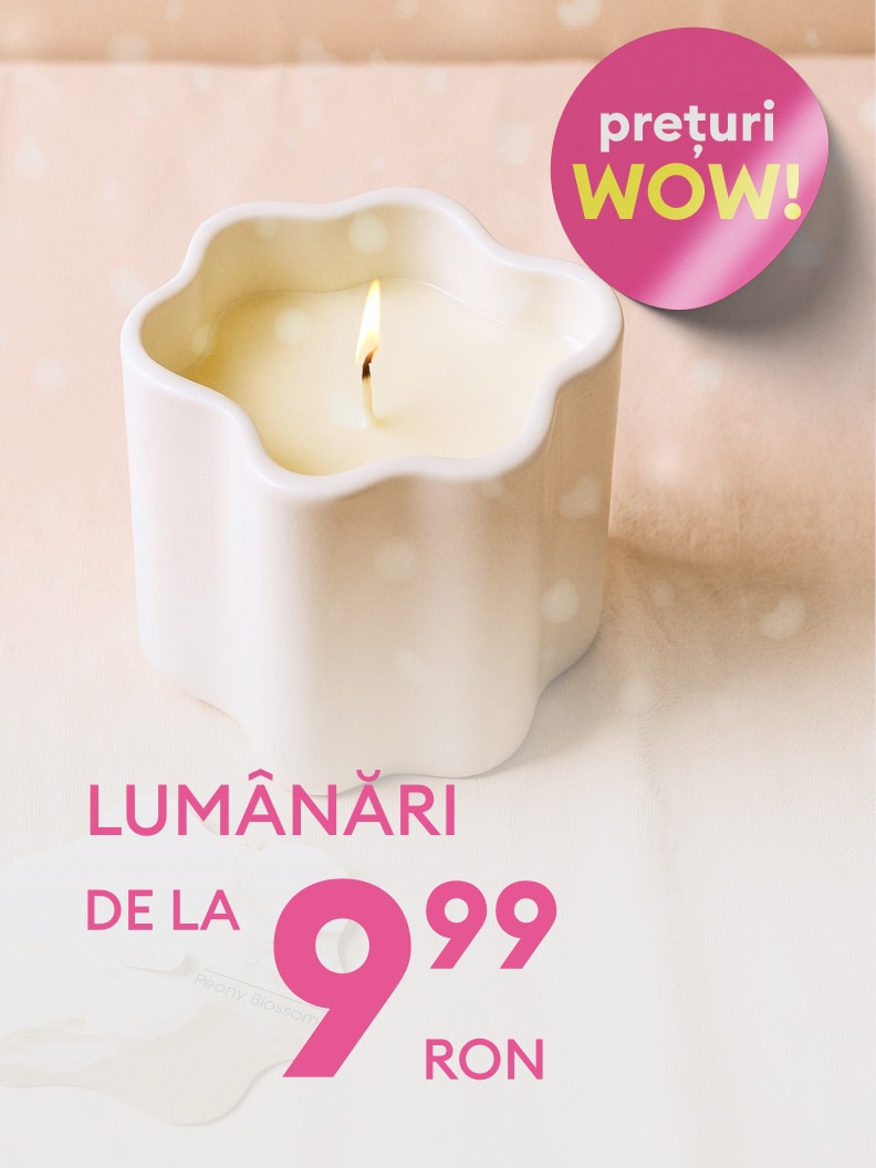 Lumânare parfumată într-un suport de ceramică, disponibilă la prețuri începând de la 9.99 RON. Perfectă pentru a adăuga o atmosferă caldă și plăcută în casa ta. Promoție specială cu prețuri WOW!