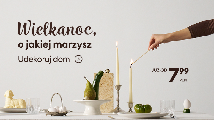 Reklama zachęcająca do dekorowania domu na Wielkanoc, prezentująca ofertę sezonowych dekoracji jako inspirację do zakupu.