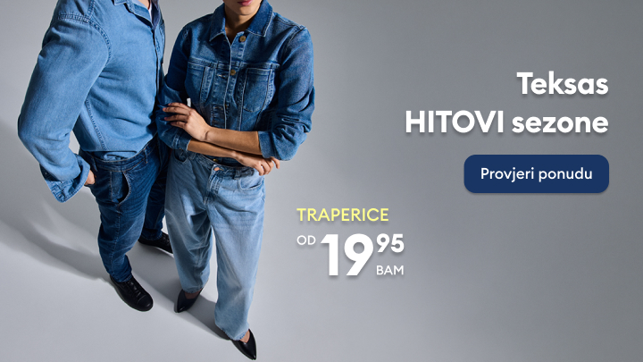 Promotivna poruka za sezonsku ponudu traperica za muškarce i žene, s naglaskom na povoljnu početnu cijenu i poziv da se pregleda dostupna ponuda.