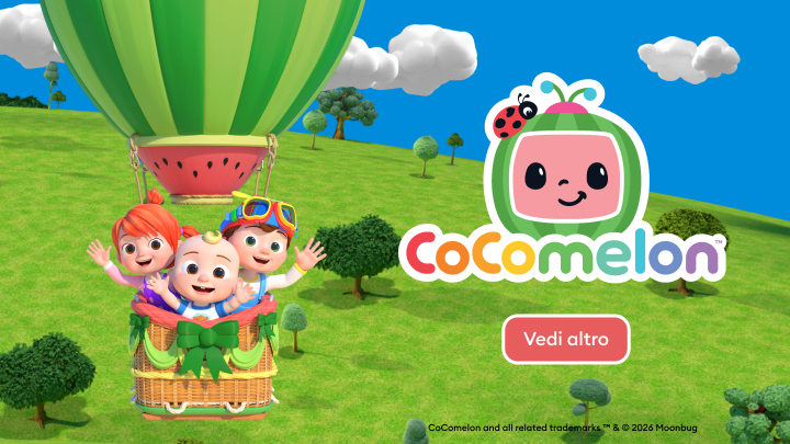 Promozione del brand CoComelon con personaggi animati per bambini in un’avventura giocosa, che comunica divertimento, allegria e invito a scoprire altri contenuti.