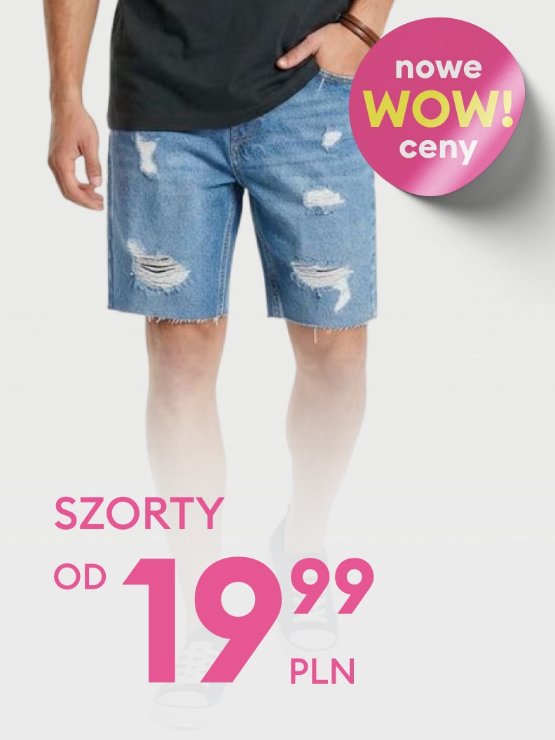 Promocja męskich szortów jeansowych z efektem przetarć, dostępnych w nowej ofercie cenowej, z ceną od 19,99 zł.