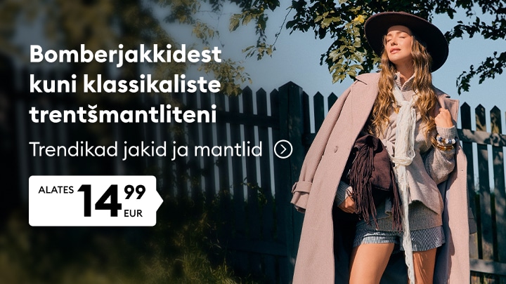 Naiste trendikate jakkide ja mantlite reklaam sügiseks, sealhulgas bomberjakid ja klassikalised trenchmantlid soodushinnaga.