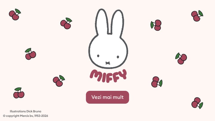 Grafică Miffy cu model de cireșe, promovând explorarea colecției pentru copii inspirate de personajul ilustrat