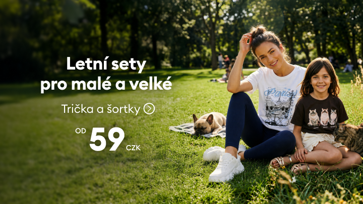 Propagace letních setů triček a šortek pro děti i dospělé s cenou od 59 Kč.