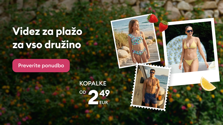 Promocija kopalk za vso družino, ki spodbuja ogled ponudbe za poletne počitnice in poudarja cenovno dostopne modele za otroke in odrasle.