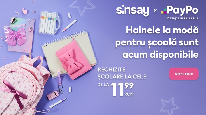 Promovare Sinsay și PayPo pentru cumpărături de școală, cu rechizite și accesorii disponibile la preț promoțional și opțiune de plată în 30 de zile