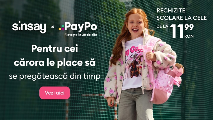 Promovare Sinsay și PayPo pentru achiziția de rechizite școlare cu plată în 30 de zile și pregătire din timp pentru noul an școlar.