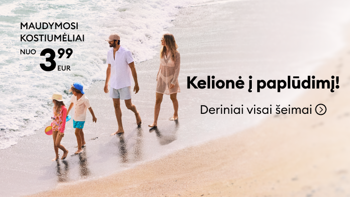 Reklama kviečianti kelionei į paplūdimį, pristatanti maudymosi kostiumėlius nuo 3,99 EUR ir suderintus pasirinkimus visai šeimai.