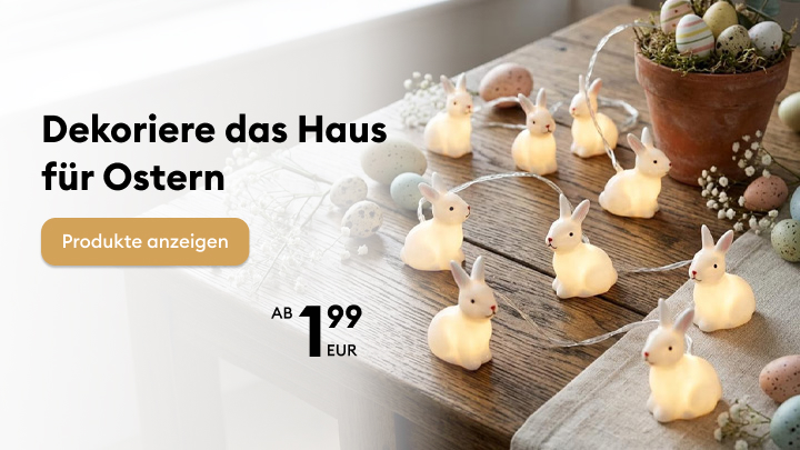 Werbebanner zur Inspiration und Bewerbung von Osterdekoration für das Zuhause, der zum Entdecken saisonaler Dekoartikel für das Osterfest anregt.