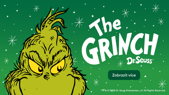 Postava Grinche z příběhu Dr. Seusse, známého pro jeho vánoční dobrodružství. Grinch je ikonická postava, která se pokouší znepříjemnit Vánoce, ale nakonec objeví pravý význam svátků. Text „Zobrazit více“ poukazuje na možnost získat další informace. banner