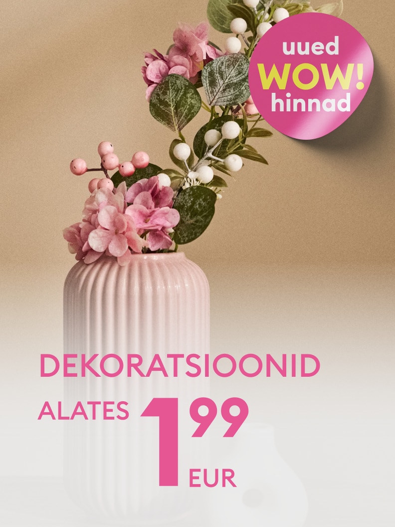 Reklaam, mis teavitab kodudekoratsioonide soodushinnast alates 1,99 eurost ning rõhutab uusi eriti häid hindu.
