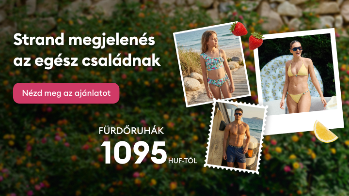 Promóció az egész család számára elérhető fürdőruhákra, nyári strandoláshoz, kedvező ártól, a kínálat megtekintésére ösztönöz.