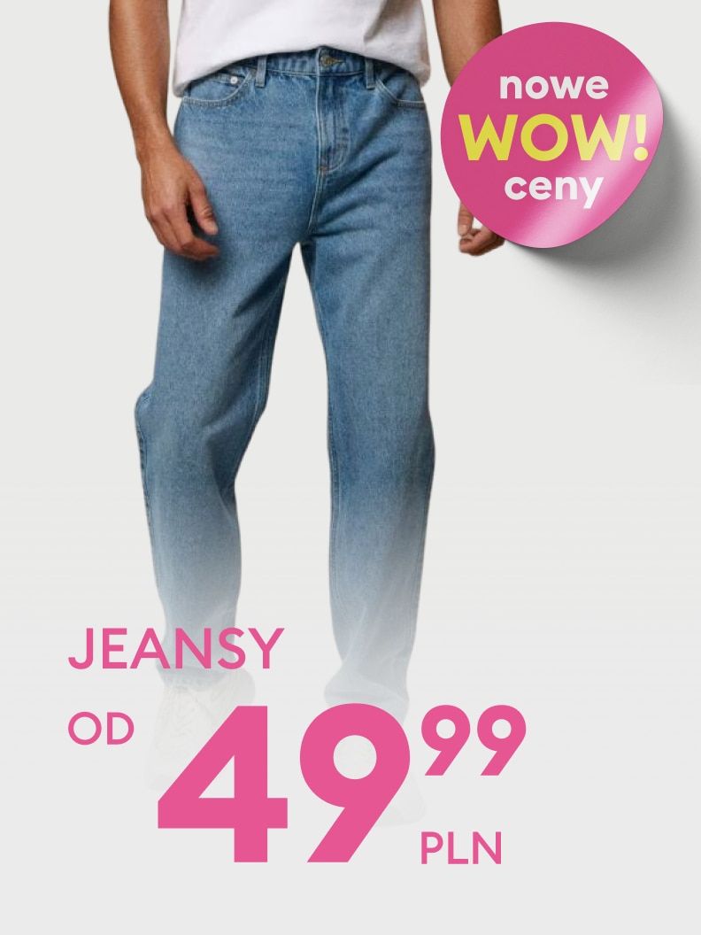 Promocja męskich jeansów – prezentacja produktu z informacją o atrakcyjnej, obniżonej cenie i ofercie specjalnej.