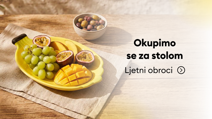 Poziv na zajedničko objedovanje uz lagane ljetne obroke, predstavljeno izborom svježeg voća na stolu.