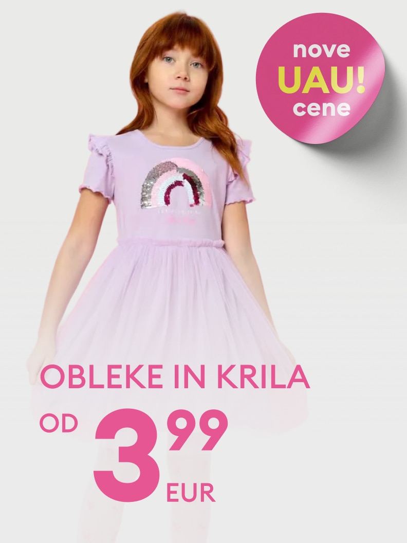 Promocijska podoba, ki oglašuje otroške obleke in krila ter poudarja nove, ugodne cene.