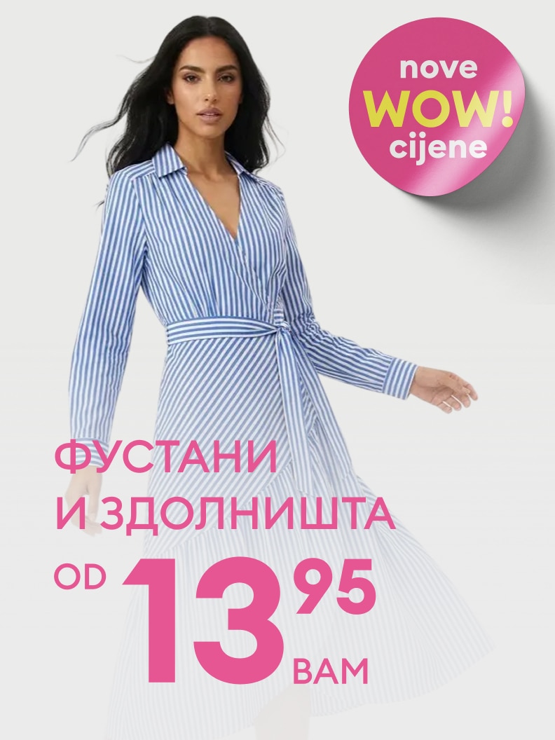 Promocija ženskih haljina i suknji s novim sniženim cijenama, namijenjena poticanju kupovine modne kolekcije po povoljnoj početnoj cijeni.