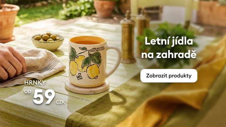 Propagace letního stolování na zahradě s výhodnou nabídkou hrnků a výzvou k prohlédnutí souvisejících produktů.