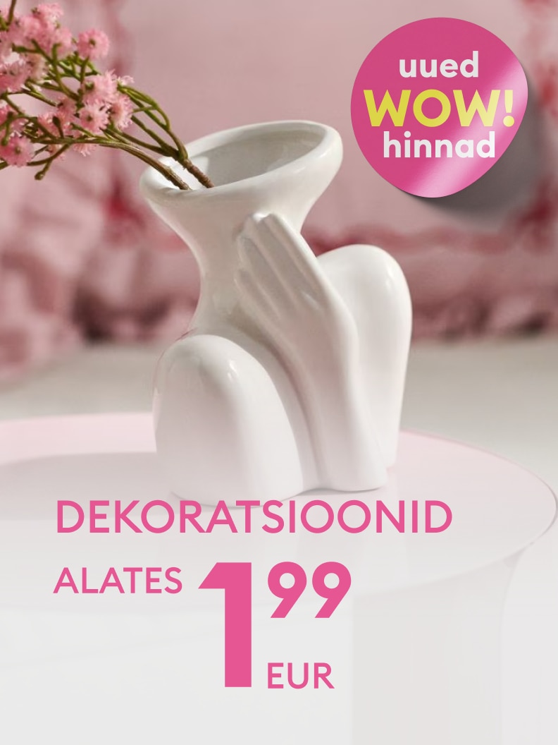 Reklaam kodukaunistustele, tutvustab sooduspakkumist uute hindadega, dekoratsioonid alates 1,99 €.