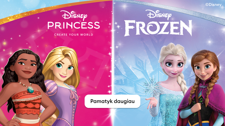 Reklaminis vaizdas, kviečiantis susipažinti su Disney Princess ir Disney Frozen teminėmis kolekcijomis, skirtomis vaikams ir įkvėptomis pasakų personažų.