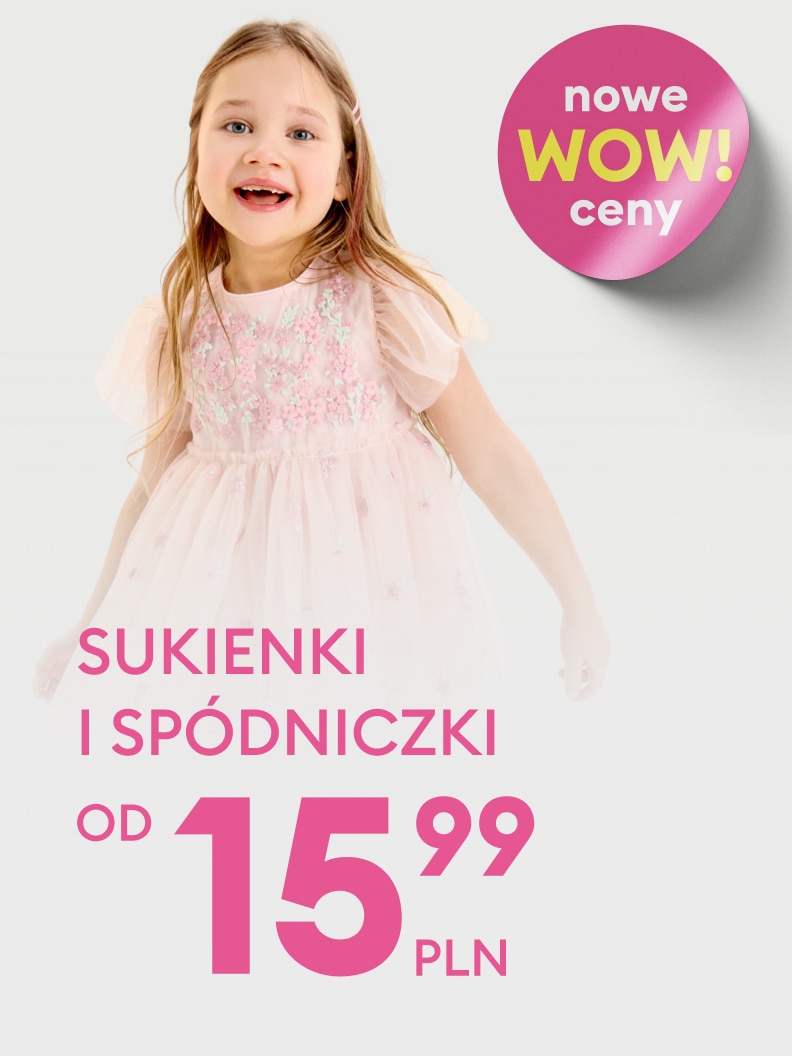 Promocja na sukienki i spódniczki dla dziewczynek, informująca o nowych obniżonych cenach i ofercie sezonowej.