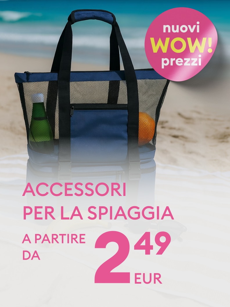 Promozione di accessori per la spiaggia, con una borsa capiente per il mare, che comunica nuovi prezzi convenienti e un prezzo di partenza accessibile per l’acquisto stagionale.