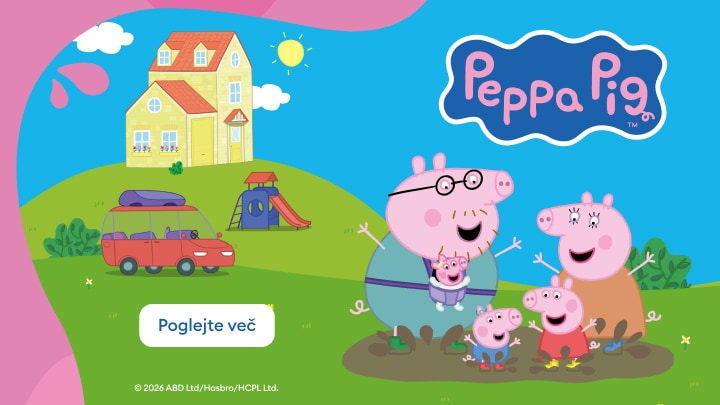 Promocijska ilustracija Peppa Pig z družino pri igri na prostem in povezavo do dodatne ponudbe za otroke
