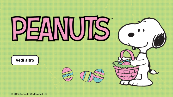 Banner promozionale Peanuts con Snoopy che richiama contenuti a tema pasquale e invita l’utente a esplorare altre proposte del brand.