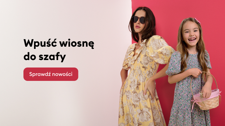 Promocja wiosennej kolekcji odzieży dla kobiet i dzieci, zachęta do odświeżenia garderoby i sprawdzenia nowości.