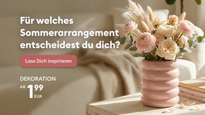 Inspirationsbanner zur Auswahl von Sommerdekorationen mit Hinweis auf ein preisgünstiges Dekorationsangebot.