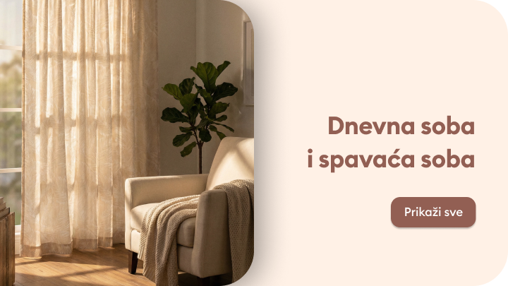 Promocija ponude za dnevnu sobu i spavaću sobu, sa pozivom da se pregledaju dostupni proizvodi.