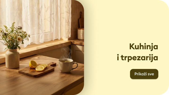 Rustična trpezarija sa drvenim stolom pokrivenim kariranom krpom. Na stolu se nalazi posuda za puter sa natpisom "Easy Kitchen Butter" i tanjir sa sečenim komadima hleba. U pozadini su prozor i detalji tople kuhinjske atmosfere. Tekst na desnoj strani glasi: "Kuhinja i trpezarija. Prikaži sve."