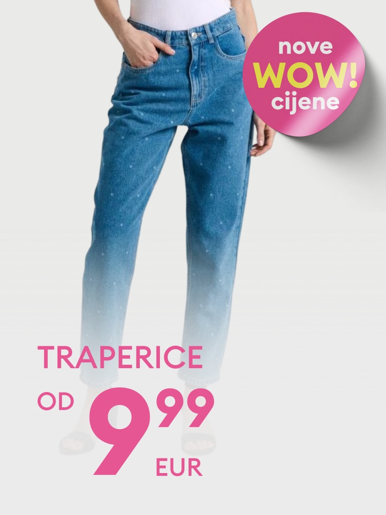 Promotivna ponuda traperica s novim sniženim cijenama, osmišljena kako bi istaknula povoljnu kupnju i potaknula interes za aktualnu akciju.