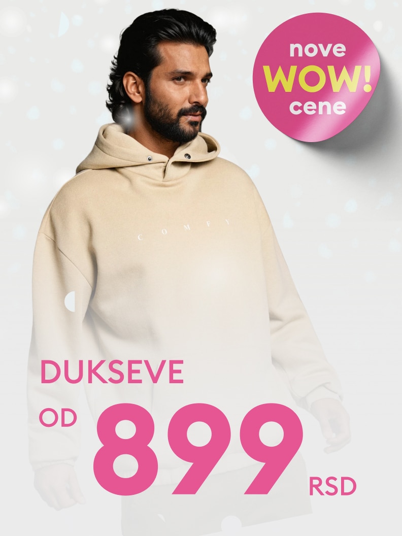 Promocija dukseva sa cenama koje počinju od 899 dinara. Nalepnica sa tekstom 