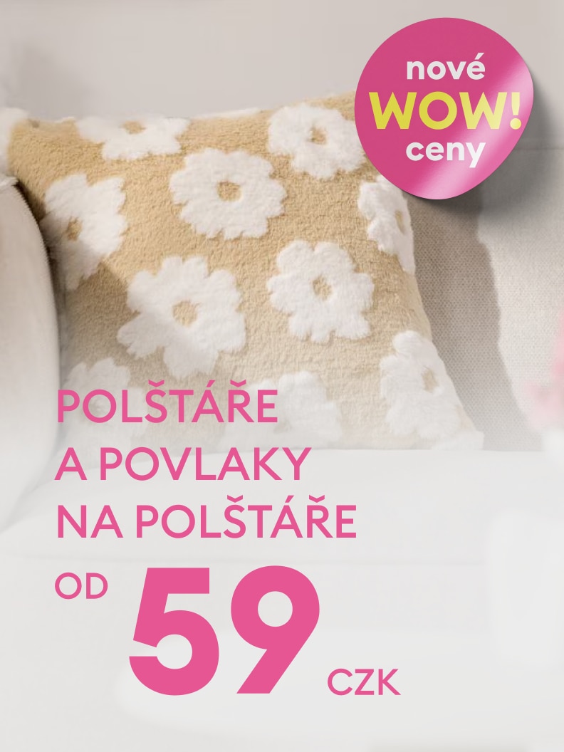Propagační banner informující o nové akční nabídce polštářů a povlaků na polštáře za zvýhodněné ceny, určený k podpoře nákupu bytových doplňků.