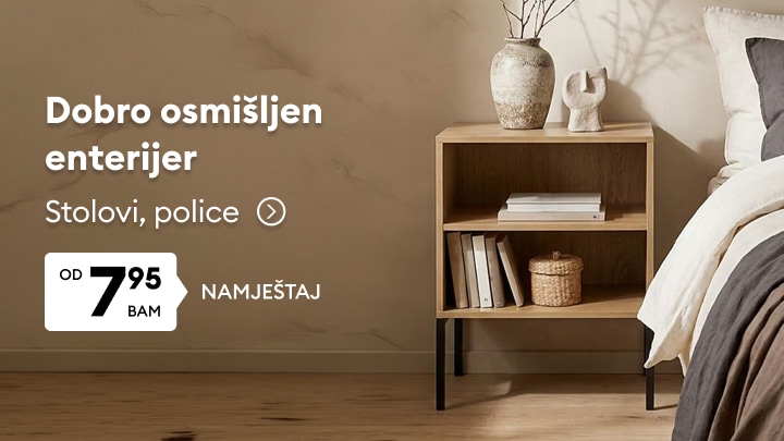 Promocija namještaja za uređenje enterijera, uključujući stolove i police po sniženim cijenama.