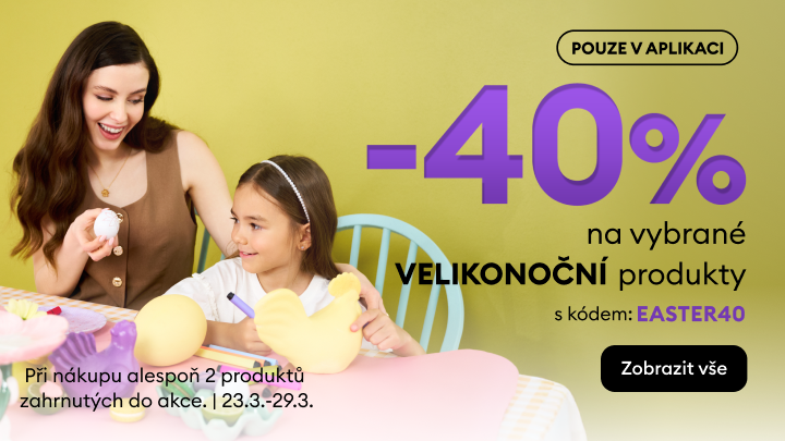 Propagační sdělení o časově omezené slevě až 40 % na vybrané velikonoční produkty dostupné pouze v aplikaci při splnění podmínky nákupu více kusů a použití slevového kódu.