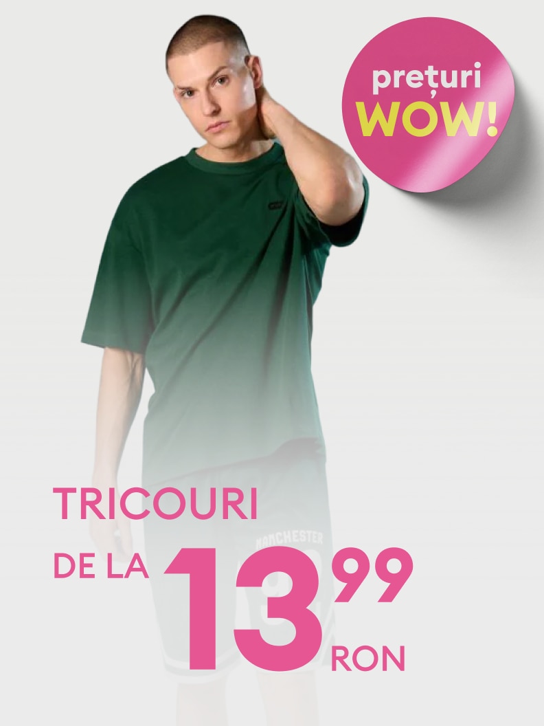 Promovare Cropp pentru tricouri, evidențiind o ofertă specială cu preț redus de 13,99 RON și mesaj de tip promoțional pentru economii atractive.