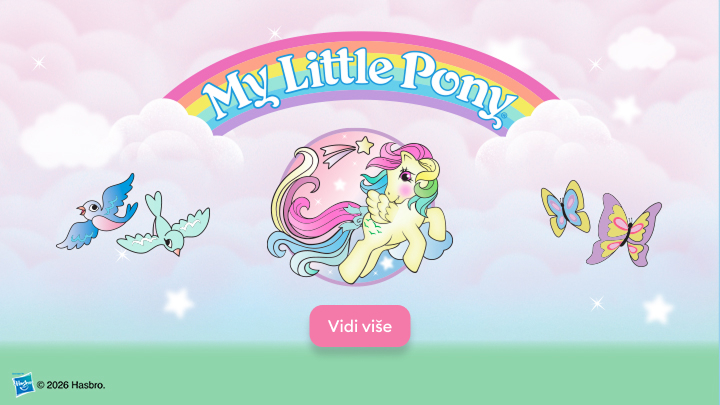 Porodica pasa okupljena na zelenoj livadi ispred šarene kuće. Natpis "Bluey" istaknut iznad njih. Dugme sa tekstom "Vidi više" nalazi se u sredini donjeg dela slike. Dodatni logotipi se nalaze desno.