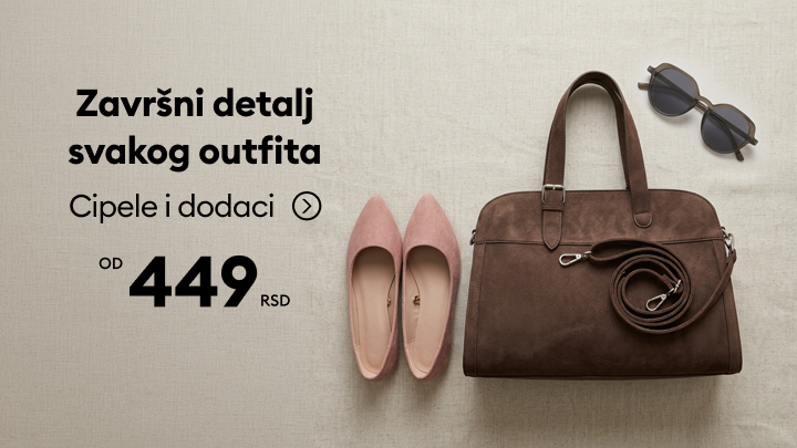 Promocija obuće i modnih dodataka sa istaknutom početnom cenom od 449 RSD za upotpunjavanje outfita.