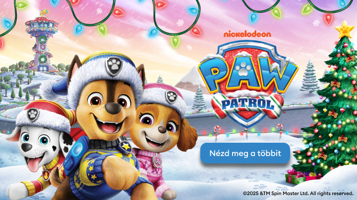 A Mancs Őrjárat hősei ünnepi díszben készülődnek a karácsonyra. A háttérben havas táj, díszek és karácsonyfa látható, amely melegséget varázsol az ünnepi hangulatba. A Nickelodeon népszerű szereplői izgalmas kalandokra invitálnak. Nézd meg a további részeket! banner