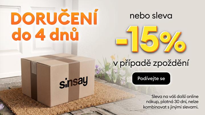 Garance doručení do 4 dnů u Sinsay; při zpoždění sleva 15 % na další online nákup. Informace o podmínkách a platnosti akce.