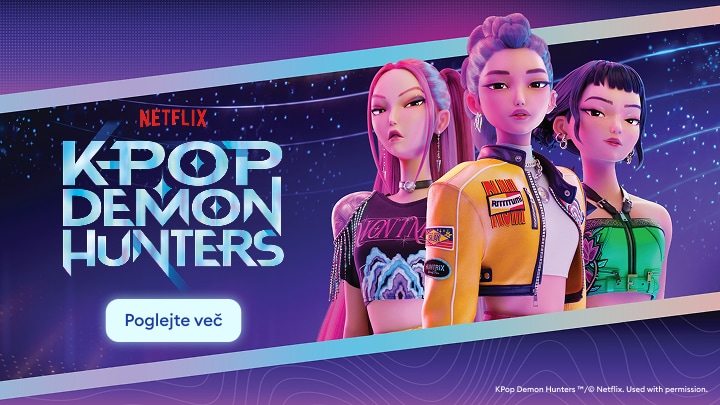 Promocijska pasica za Netflixovo animirano serijo KPop Demon Hunters z glavnimi junakinjami v slogu K-pop skupine.