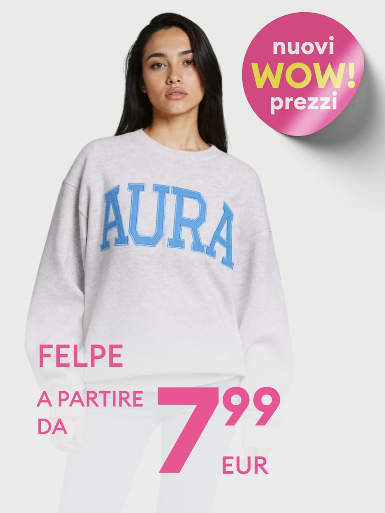 Promozione commerciale di felpe casual, presentata da una persona che indossa il capo, con nuovi prezzi vantaggiosi a partire da 7,99 €.