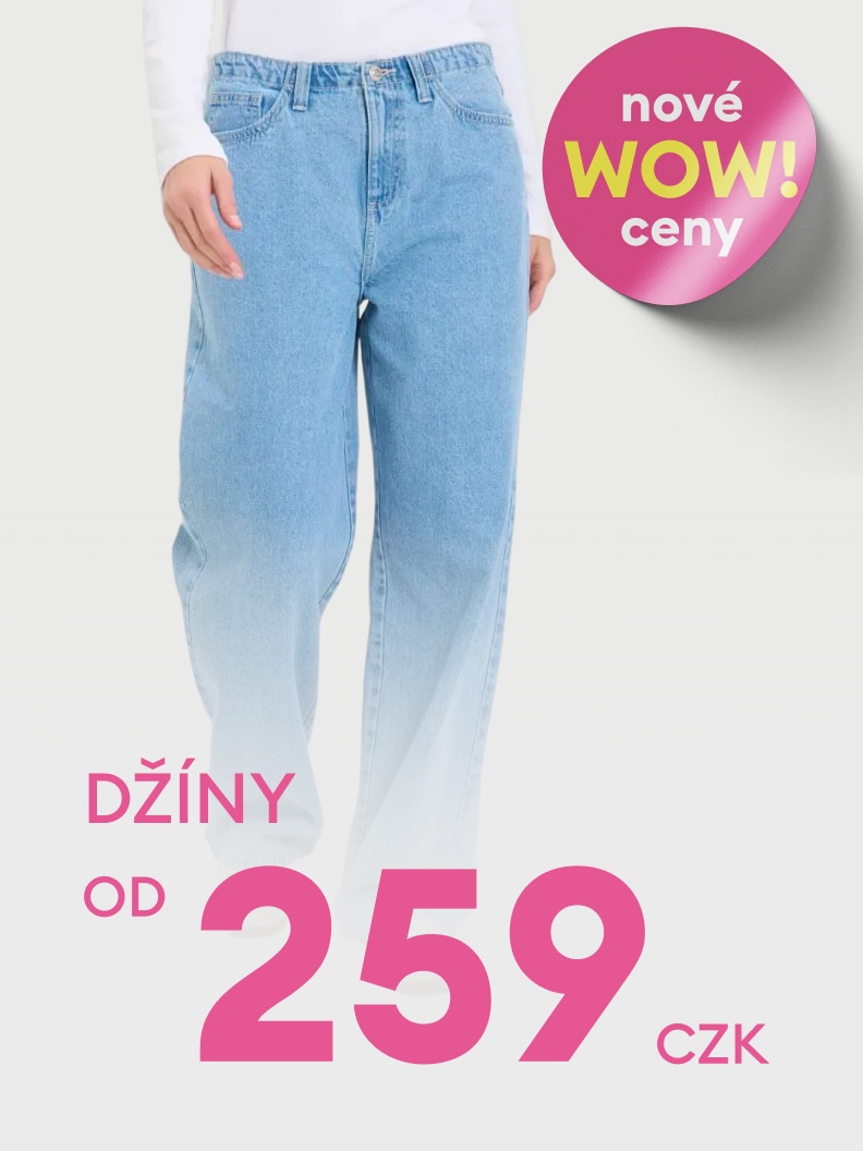 Reklamní sdělení o akční nabídce džínů s novými výhodnými cenami, dostupné již od 259 Kč.