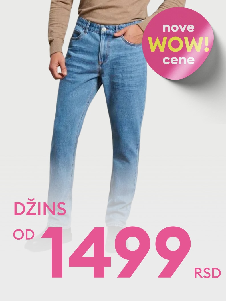 Promotivna ponuda muških džins pantalona po sniženoj ceni, sa ciljem isticanja nove akcije u prodavnici.