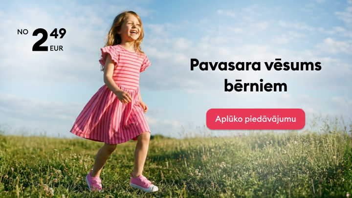 Reklāma bērnu pavasara apģērbam, izceļot sezonas kolekciju un zemu sākumcenu no 2,49 EUR.