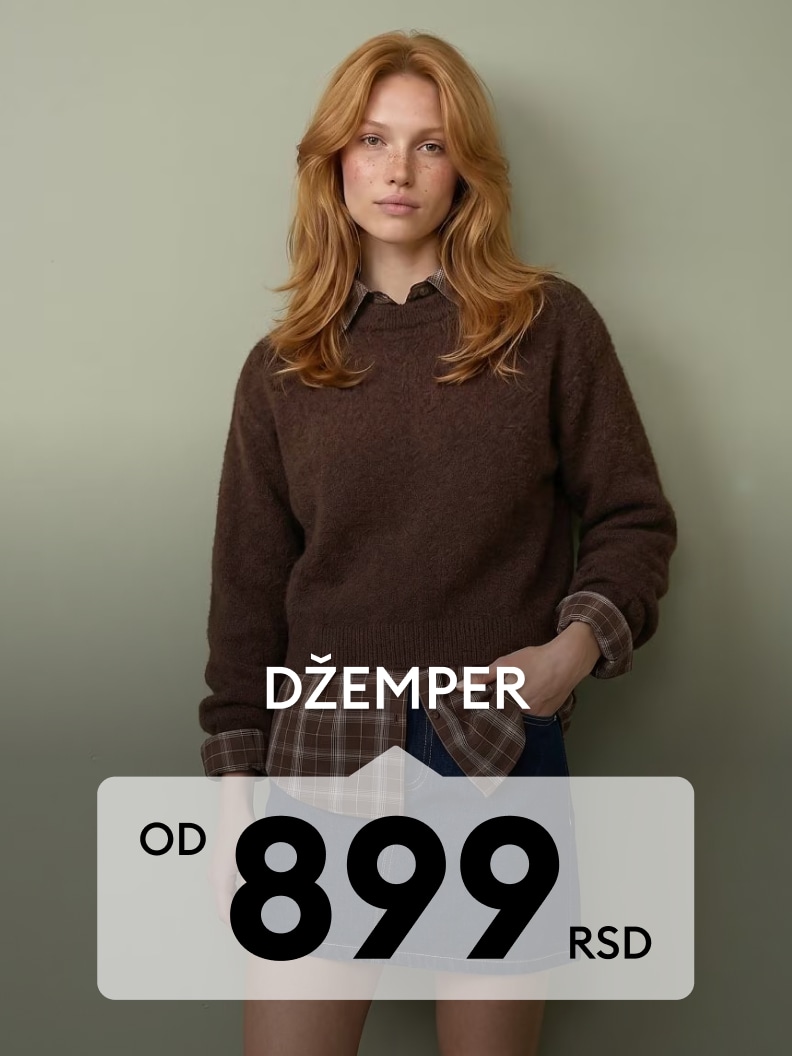Ženski džemper u ležernom stilu prikazan u modnoj ponudi sa promotivnom cenom od 899 RSD